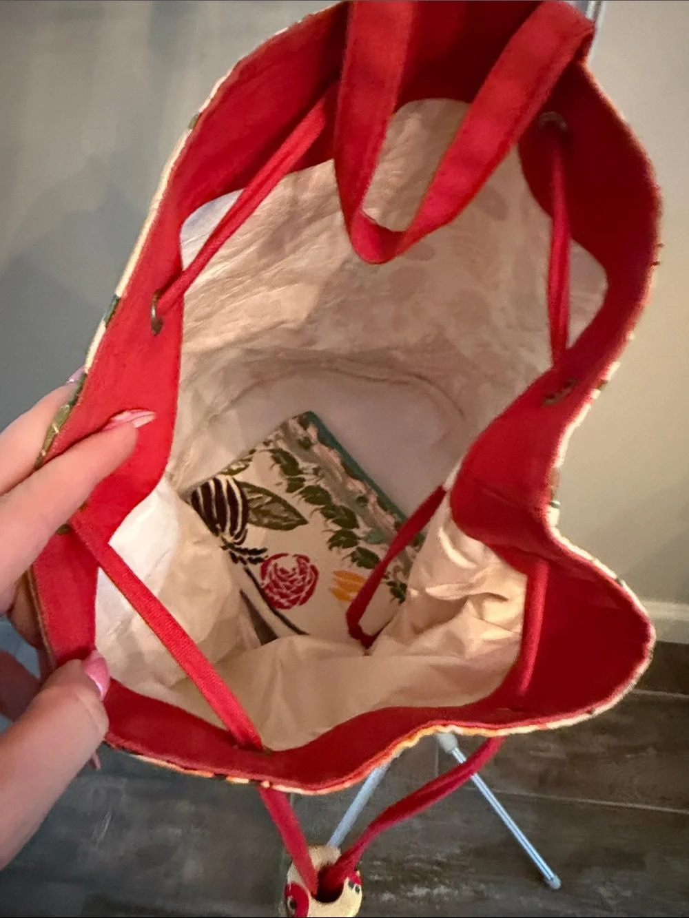 Floral Drawstring Backpack with Red Trim